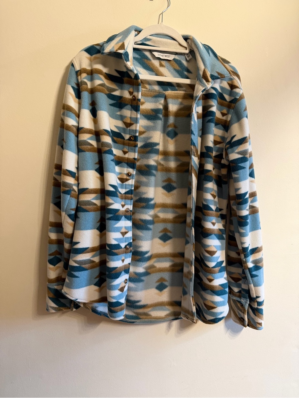Southwest Print Fleece Button-Up Shirt  - Blue, Brown, Cream Women’s medium